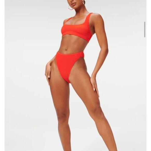 Good American Women’s Textured Always Fits Scoop Bikini Top Hot Coral - Picture 1 of 10